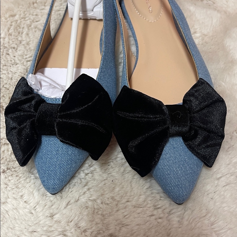 Bandolino Simona Denim Pointy Slingback Flats with Black Velvet Bow - Picture 7 of 8